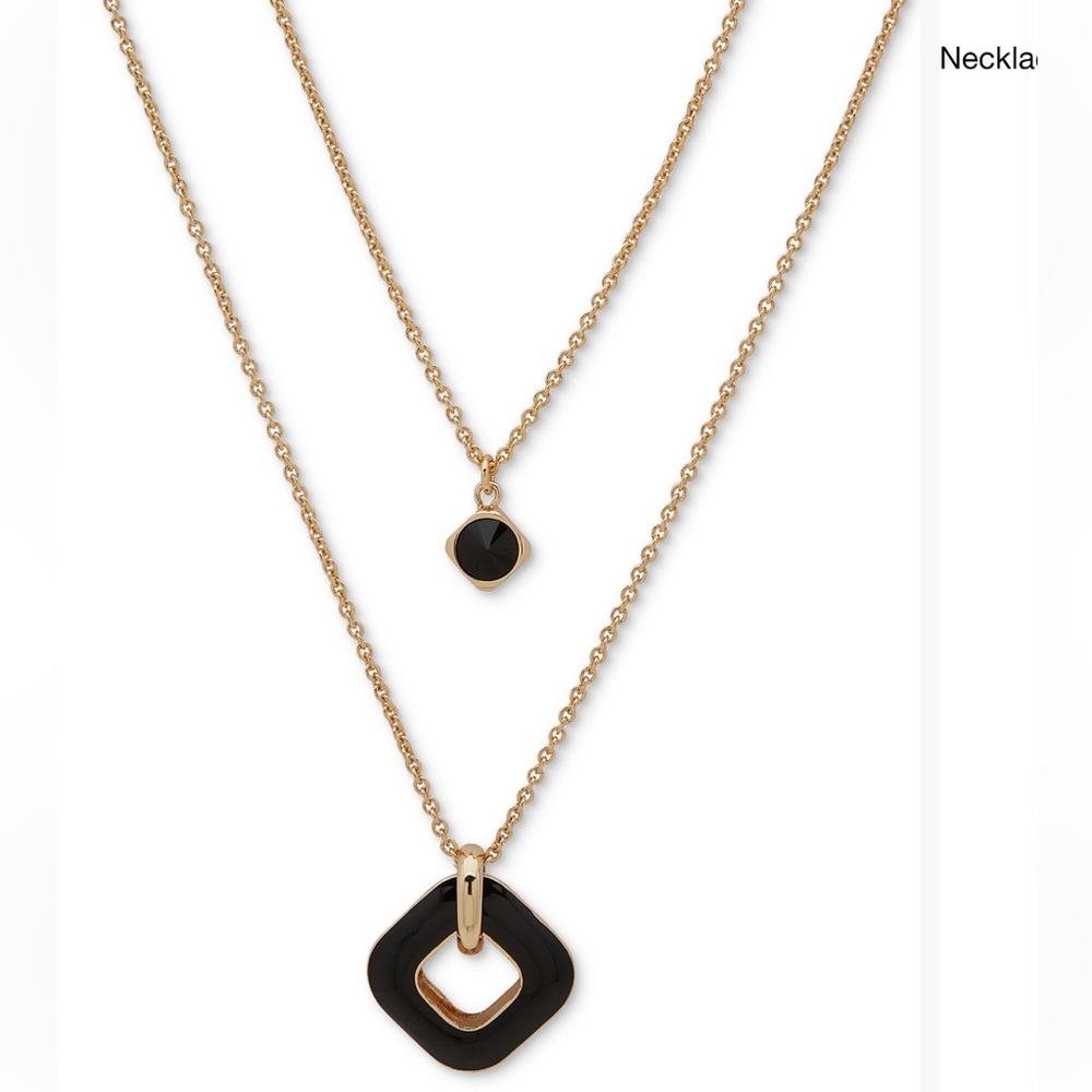 DKNY Gold Tone 2 Row Black Square Pendant Necklace